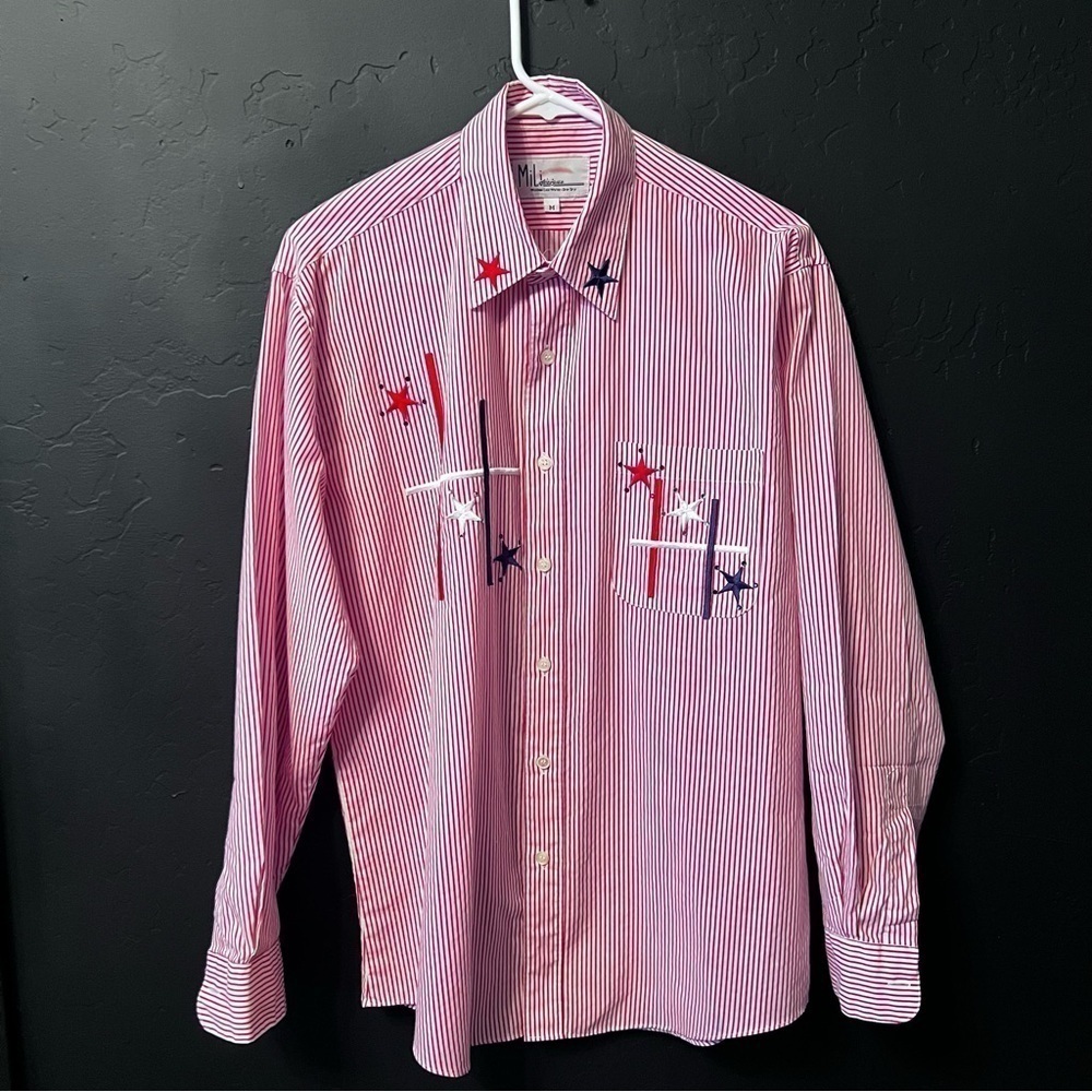 Mili Designs Womens Medium Blouse Button Shirt Patriotic Rhinestones, stars.